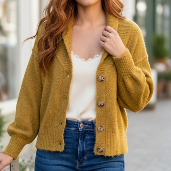 Maeve Sweaters - Maeve by Anthropologie Mustard Yellow Shawl Collar Cardigan - Size M